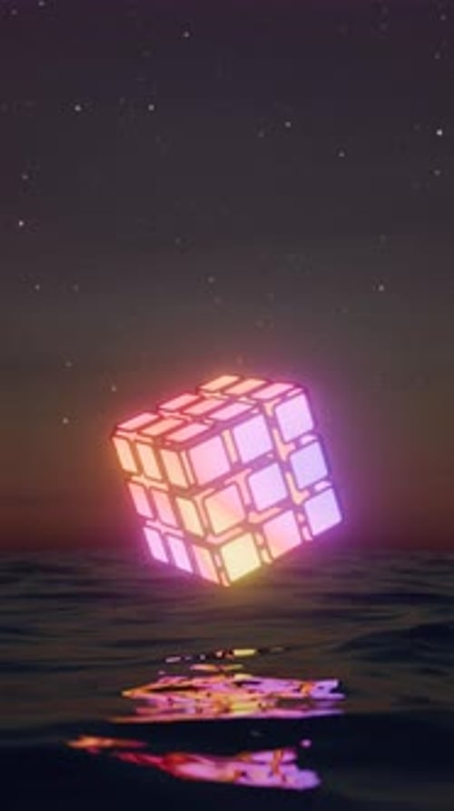 Vertical Video of Abstract Glowing Cube Over Ocean Waves in Seamless Loop