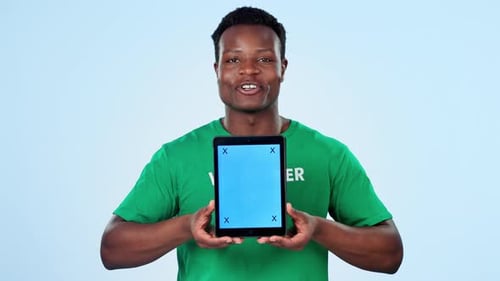Man, volunteering and tablet mockup or screen for website, presentation