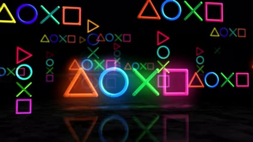 Íconos del joystick, símbolos Vídeo electrónicos, luces 3D de neón brillantes