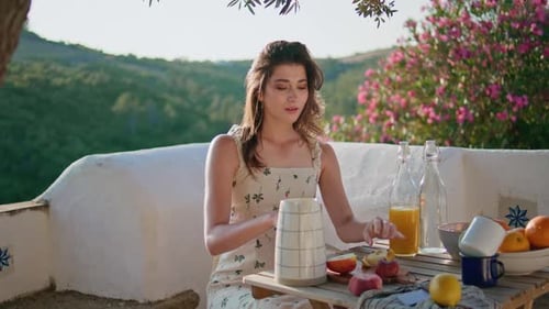 Romantic Lady Cutting Fruits at Overview Terrace Closeup Woman Eating Apple
