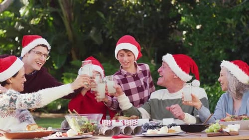 Happy caucasian family having christmas dinner in garden