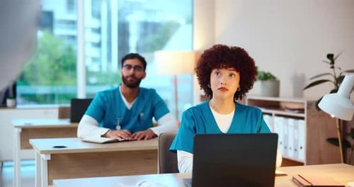 Doctor, nurse and students with laptop for presentation, lesson or studying at medical practice