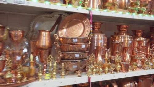 Wide range of traditional Iranian copper cookware, Kashan, Iran