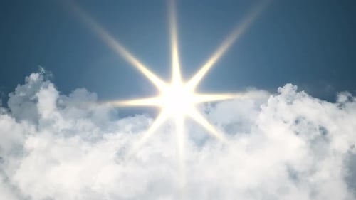 Bright Light Rays Shimmering in Blue Sky with Moving Clouds