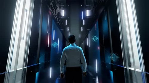 Innovation Research Man in Futuristic Office Interior Moving and Activating Hologram