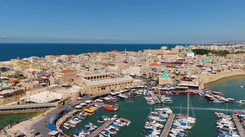 Aerial video over the old city of Acre in northern Israel