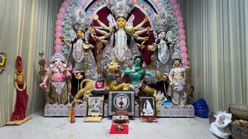 Ornate Display of Hindu Deities, Including Durga
