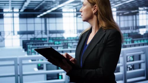 Woman Uses Tablet in Modern Server Room