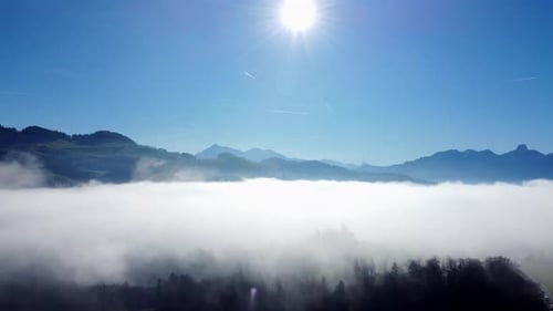 Aerial View of Foggy Mystical Landscape Scenery