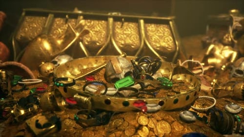 Glimmering Ancient Gold Treasure Chest and Coins