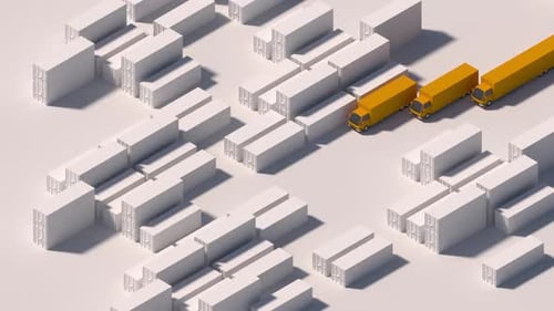 Isometric Geometric Animation of Trucks Moving Through a Logistics Hub