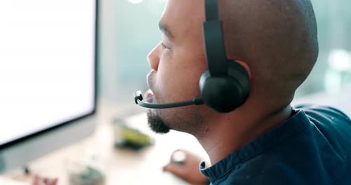 Call center, talking or man on computer in communication or speaking in customer service help desk