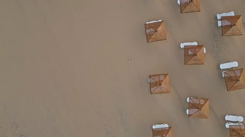 Aerial View Sun Loungers and Straw Parasols on Seashore No People Morning Beach