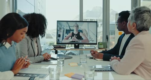 Video call, online meeting and business people on in office for planning