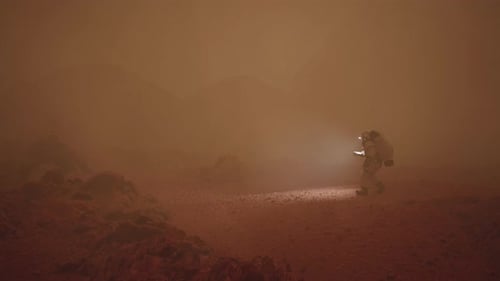 Futuristic Astronaut Exploring Alien Planet Surface