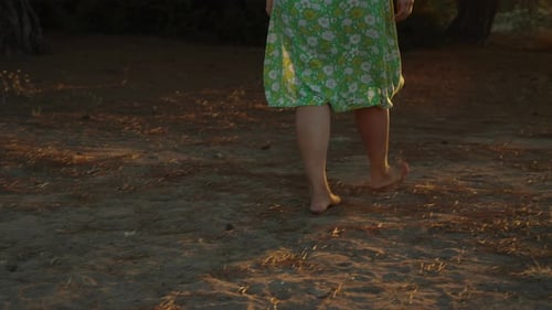A young woman in a green dress with flowers, walking towards the sunset, through a pine tree.