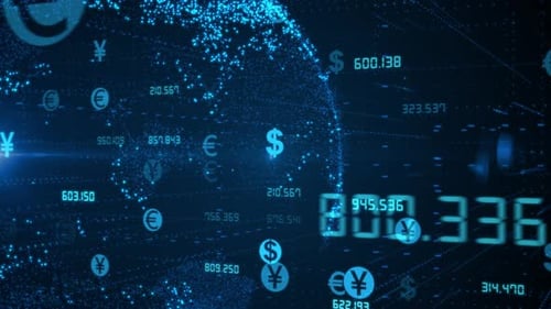 Câmbio global de moedas em um mapa mundial digital abstrato, histórico, investimento no mercado de ações e