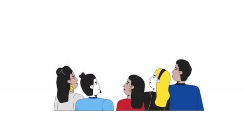 Grupo de pessoas multiculturais ouvindo, piscando, animações de personagens 2D