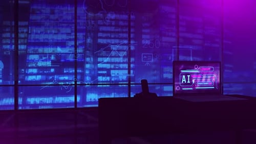 Work Of Artificial Intelligence On A Laptop Screen In Night Office