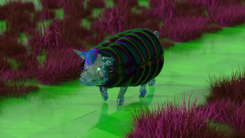 Diamantschwein mit blauem Pony und stilvoller Kleidung geht die Straße entlang