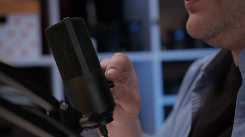 Radio Host Sit in Studio and Adjust Volume of Microphone Sound Check Before Voice Recording in