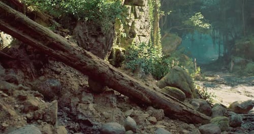 Natural Landscape with Rock Formations and Fallen Tree in a Forest Setting