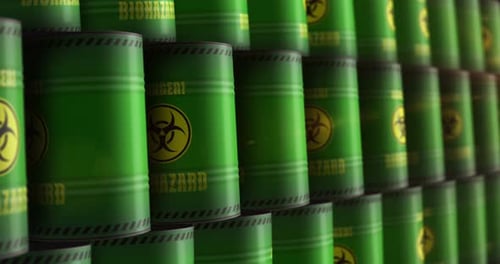 Biohazard and biological waste barrels in row endless
