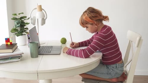 Primary Middle School Redhead Caucasian Student Child Girl Study Use Laptop Distance Learning Online