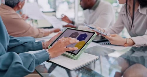 Tablet, team hands and brand strategy with analytics design and research for website project