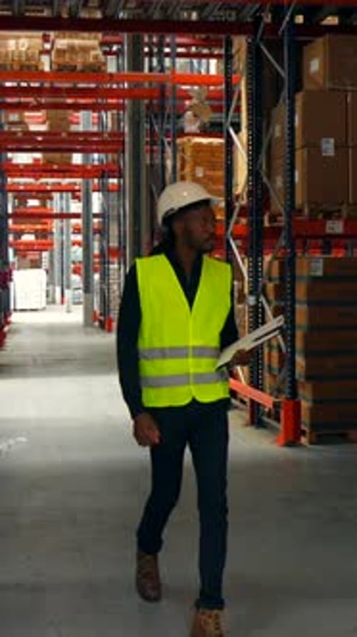 Logistics Operator Walking Through Warehouse Checking Inventory