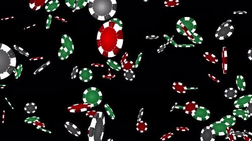 Roulette Casino Poker Chips Falling Animation Over Black Bg. Slow Motion Of Falling Red, Green