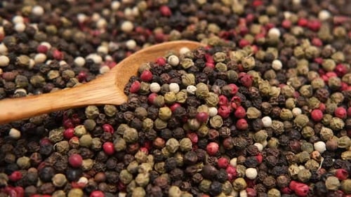 Wooden Spoon Scooping Pile of Colorful Peppercorns