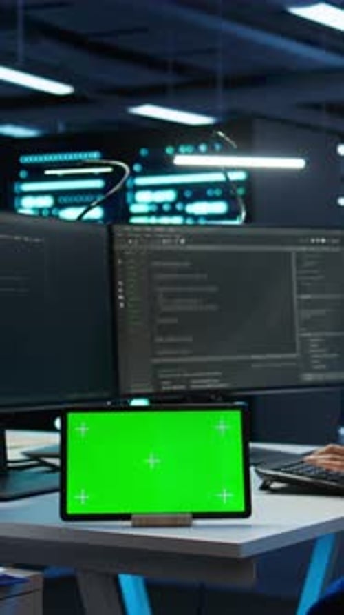Vertical Video Woman Doing Maintenance on Server Room Infrastructure Using Chroma Key Tablet