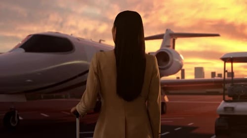 Asian Businesswoman With Suitcase Standing With Private Jet At The Airport