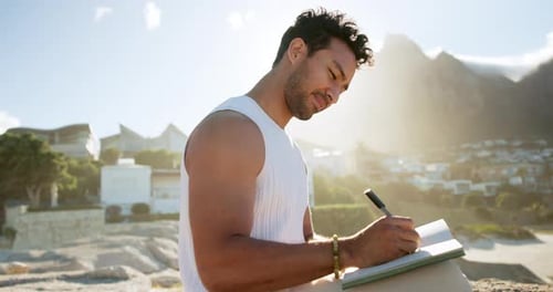 Man, outdoor and writing with journal for goal setting, personal development plan