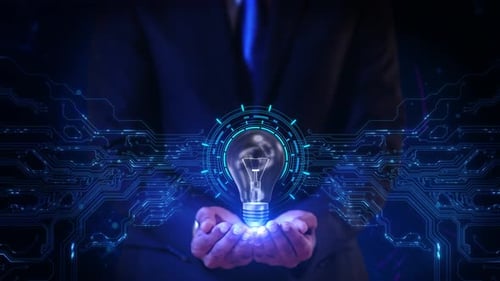 Digital Idea Lightbulb Reveal with Futuristic Circuit Board Background