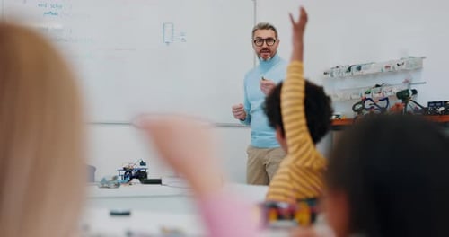 Kid, question and teacher in science classroom, school or physics education with students learning