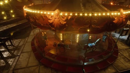 Abandoned Amusement Park Carousel Illuminated Under Night Sky