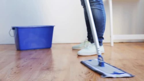 Person mopping hardwood floors in home interior