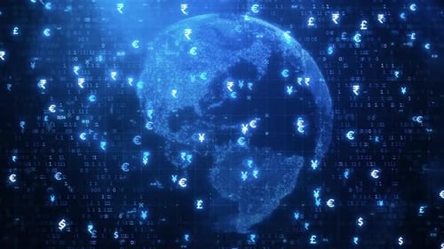 Animierte Währungssymbole auf einer futuristischen digitalen Erdkugel — Dunkelblauer finanzieller Hintergrund — HD