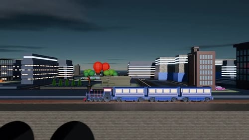 Eine Dampflokomotive mit Waggons fährt im gemischten Stil durch die Stadt