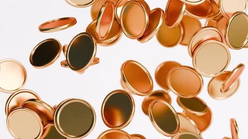 Falling golden coins. Realistic design, 3d render animation, slow motion. Money rain, cash