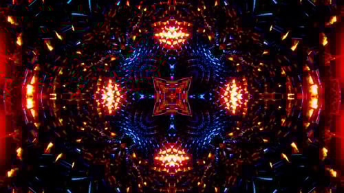 Voler à travers un tunnel de cubes métalliques bleus et oranges. Boucle Kaléidoscope VJ.