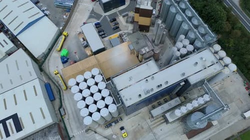 Aerial view of industrial area with silos, United Kingdom.