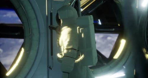 Astronaut Explores the Interior of a Space Station with a View of Earth