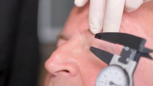 Ein plastischer Chirurg untersucht alte Falten unter den Augen eines älteren Mannes - Clinic of Modern