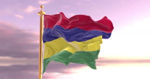 Mauritius Flag Waving Slow Motion with Realistic Fabric