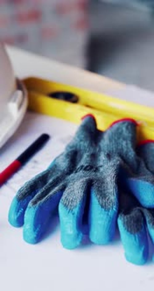 Guantes, construcción y plano sobre la mesa con documentos de seguridad, arquitectura o diseño de edificios