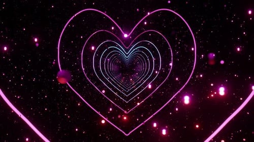 Heart shape tunnel with glow pink particles endless 3d render. Abstract romantic love background