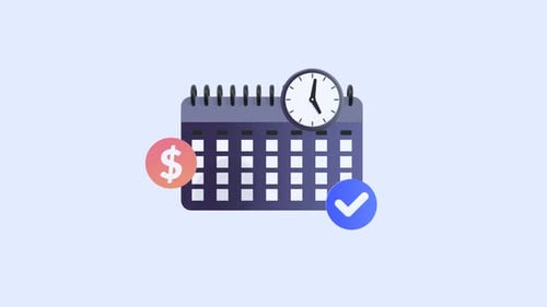 Animierter Kalender mit Häkchen, Münze und Uhr zur Veranschaulichung von Zeitmanagement und Finanzplanung